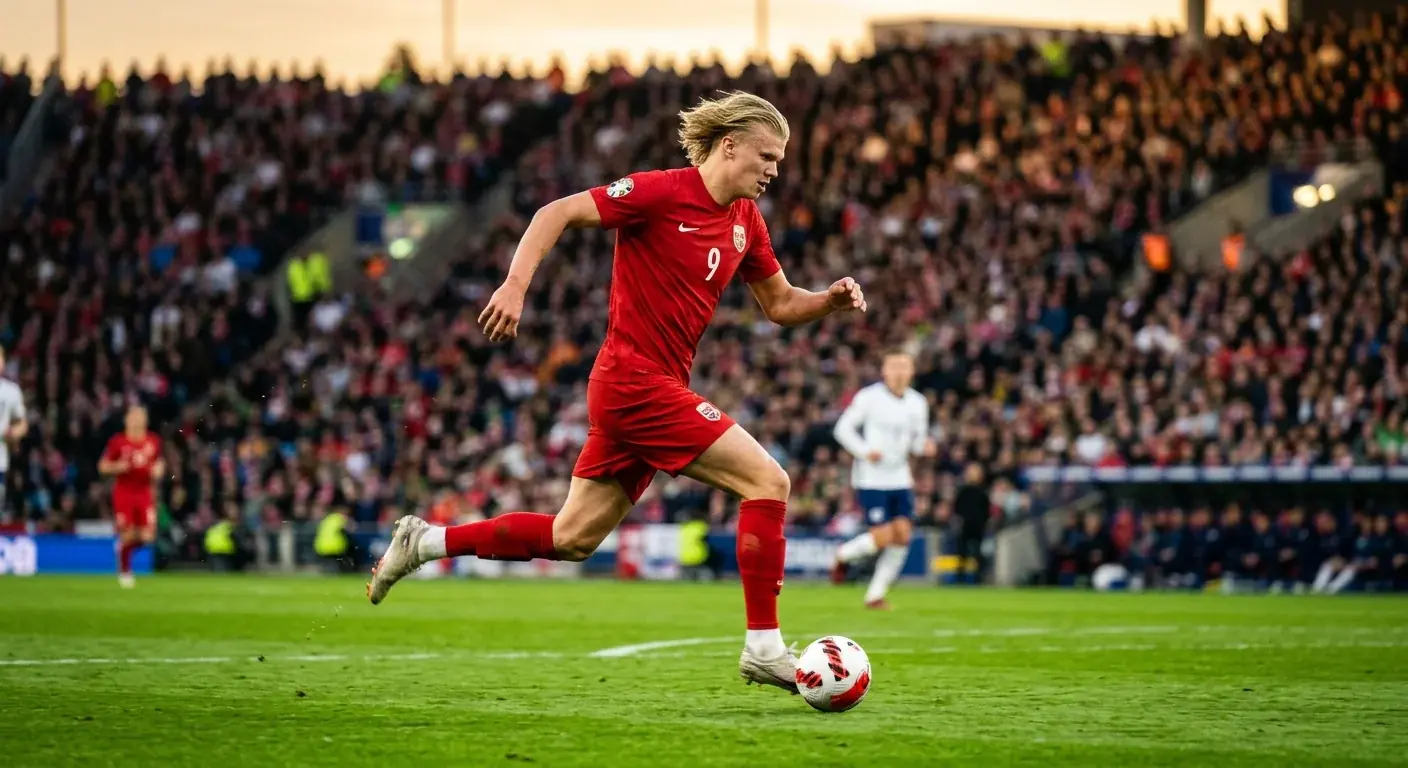 Erling Haaland i fuld fart med bolden foran et sløret publikum på et VM-stadion
