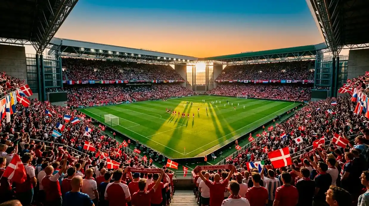 Wide-angle af et VM 2026-stadion ved solnedgang med fyldte tribuner før kampstart