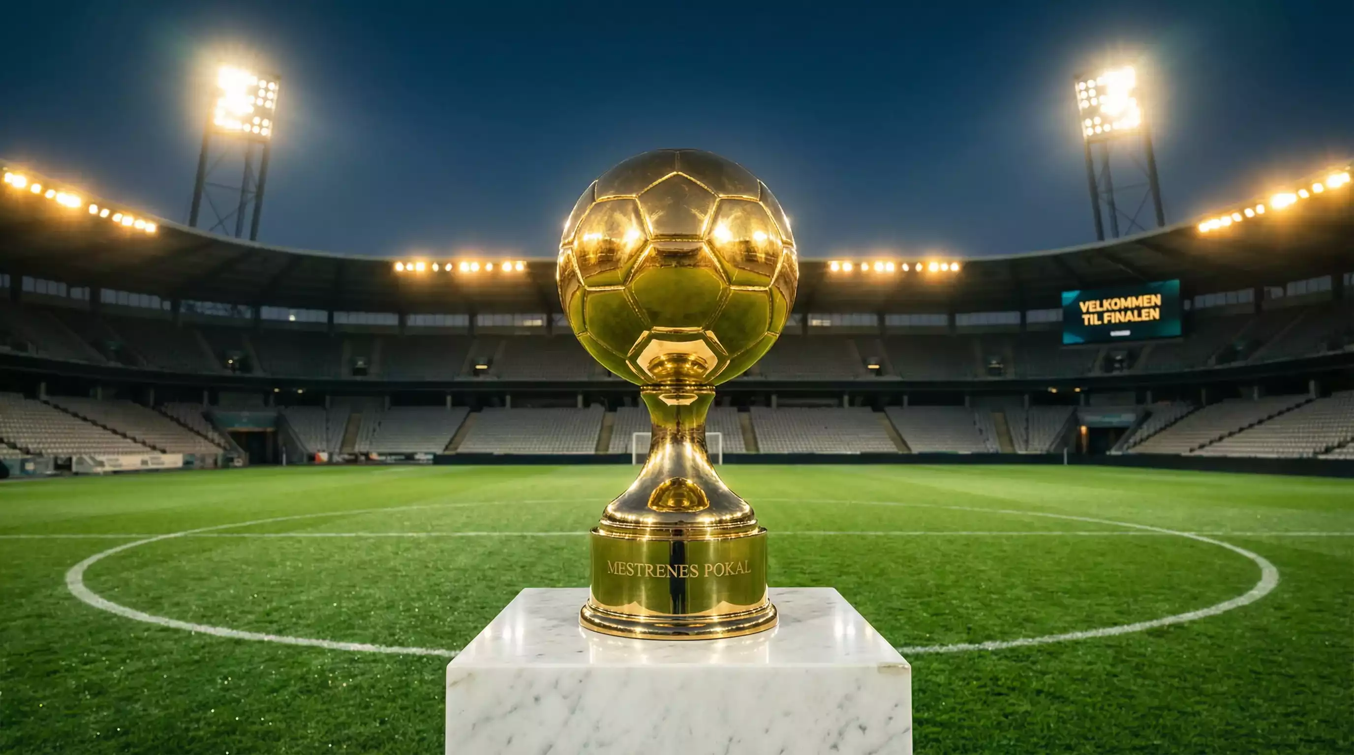 Guldpokal på et podium foran et oplyst fodboldstadion med grønt græs og aftenlys