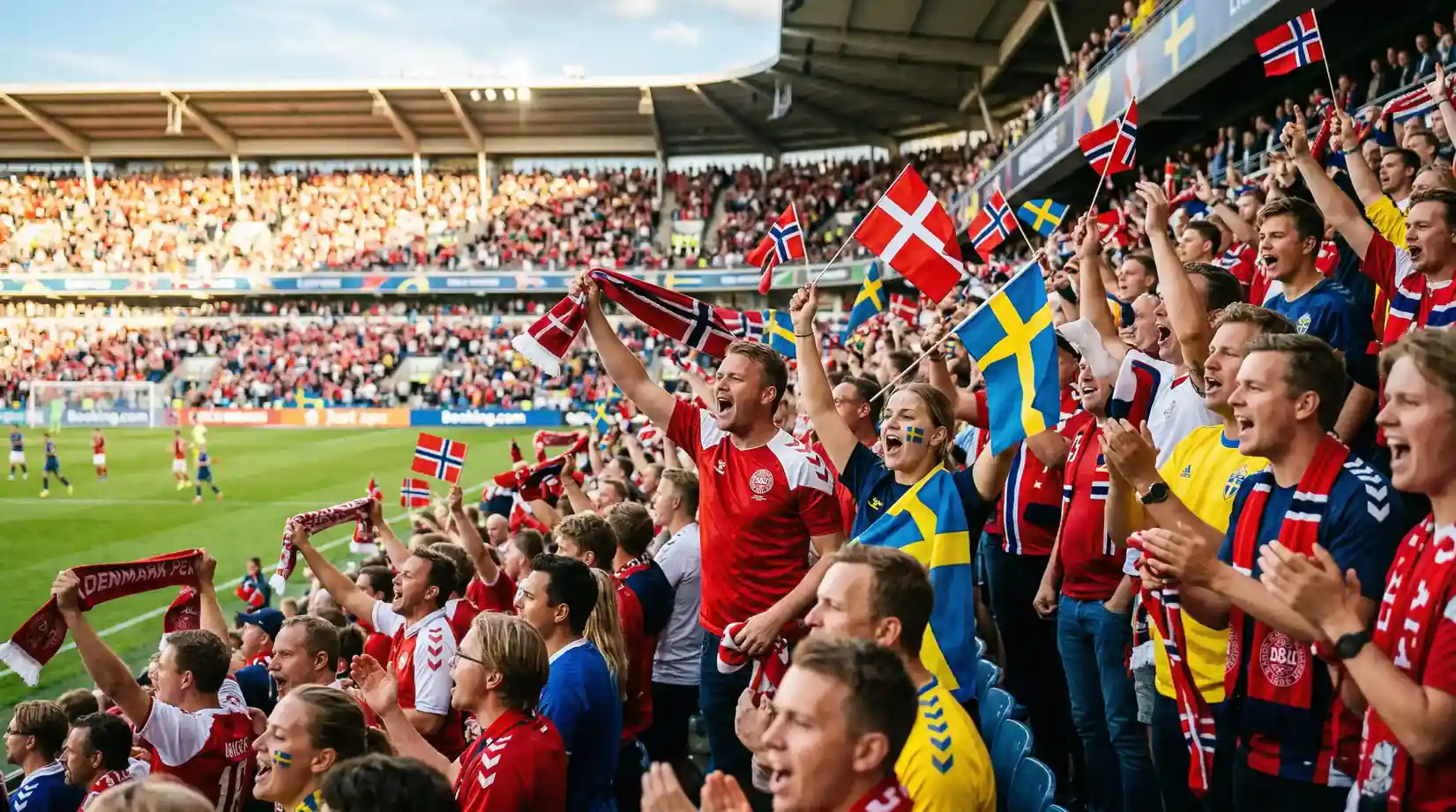 Begejstrede fodboldfans i skandinaviske farver på et stadion med flag og bannere i sollys