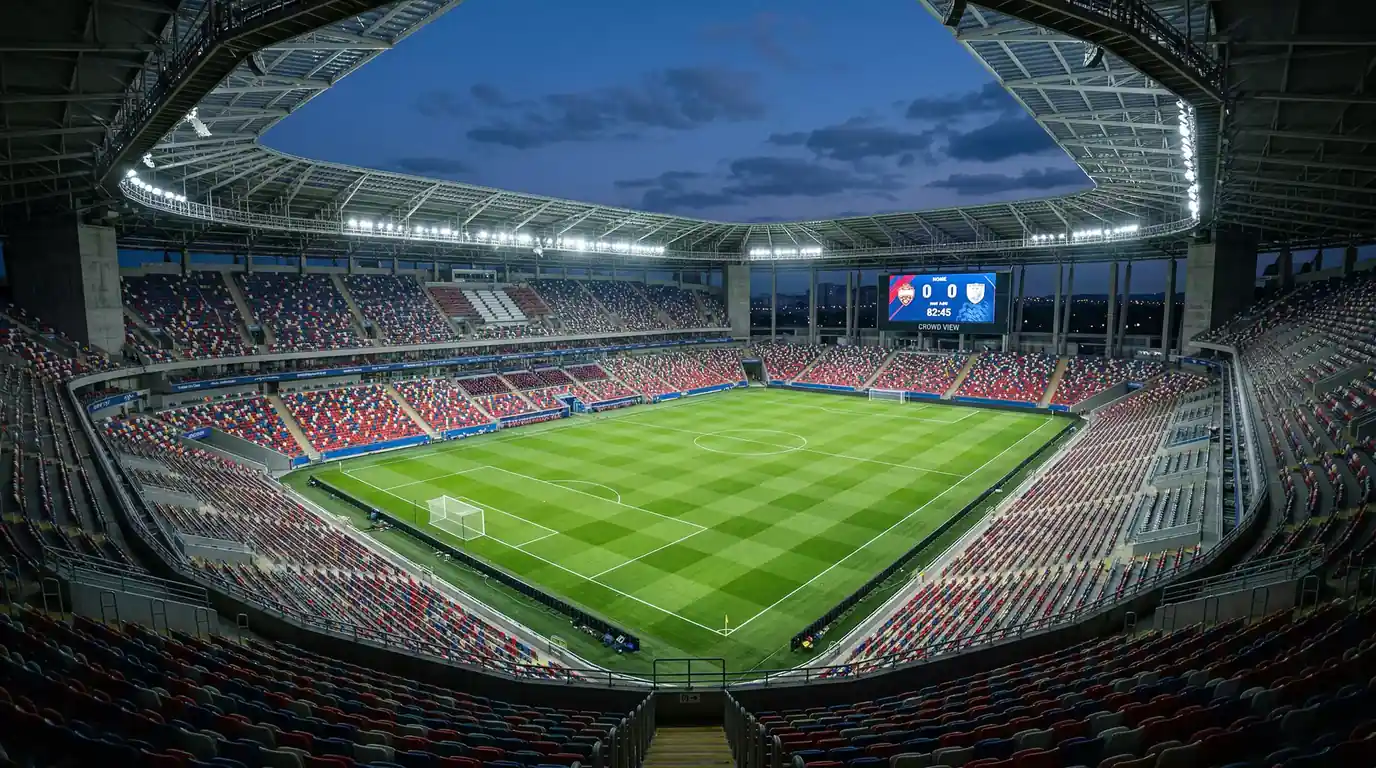 Panoramaudsigt over et stort fodboldstadion klar til VM 2026 med grøn bane og tomme tribuner